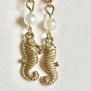 Gold Pearl Seahorse Earrings Plated Clear Crystal White Glass Bead Island Beach